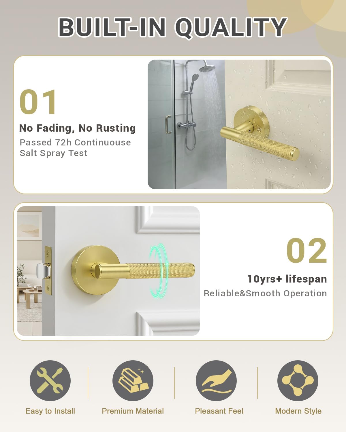 KNOBWELL 6 Pack Door Handles Passage Interior Door Knob for Hallway Closet Pantry Gold Door Leverset Modern Round Doorknob