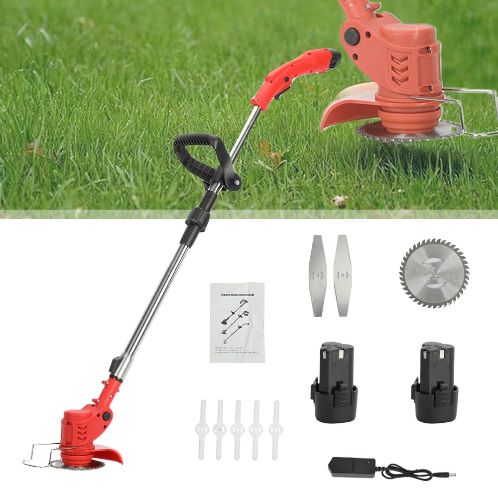 Désherbeur électrique sans Fil 12 V avec 2 Batteries et Chargeur, Manche télescopique avec Lames Rondes et métalliques, Coupe-Herbe électrique léger pour pelouse et Jardin (Rouge)