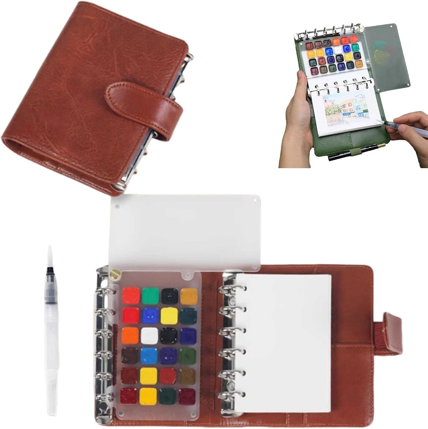 Mini Paint Palette Travel Kit, Contains 24 Pigments A7 Paper Size Watercolor Paint Palette Set with 20 Binder Paper, Watercolor Pens Portable Painting Kit, for Outdoors Painting