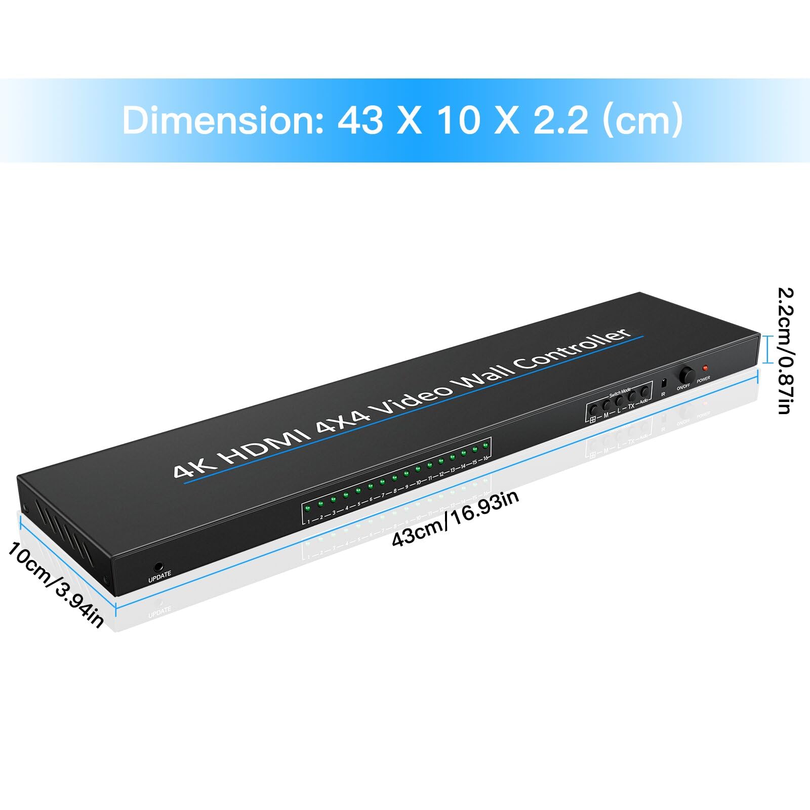 Video Wall Controller 4x4 4K Videowand Controller 3x3 5X2 6X2 5X3 2X7 2x6 3x4 mit 24 Spleißmodi RS232 ，Audio Extractor HD Multimedia Schnittstelle Video Splicer Unterstützt 1 Eingang und 16 Ausgänge