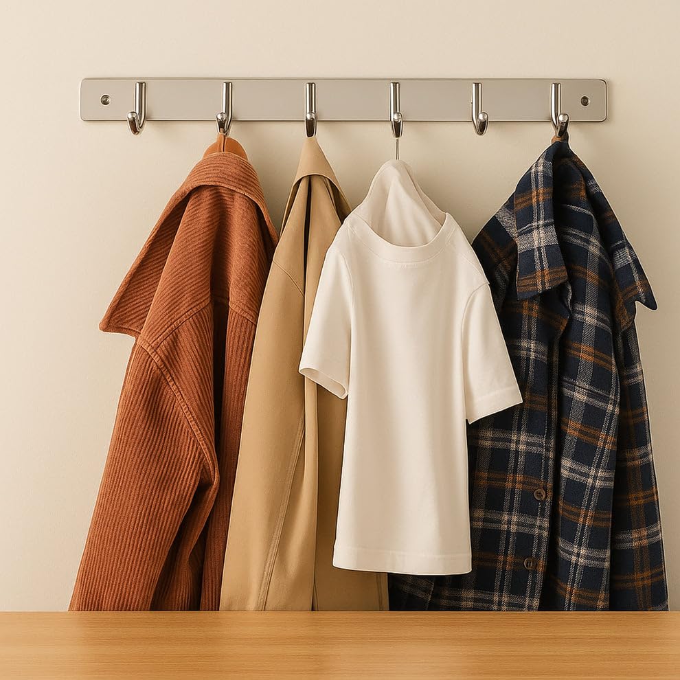 Madhabi Stainless Steel Wall Mounted Coat Rack with 6 Hooks | Heavy Duty Clothes, Towel, and Bag Hanger for Entryway, Bedroom, Bathroom, Kitchen, and Office β 32x3 cm (1 Pc) 3