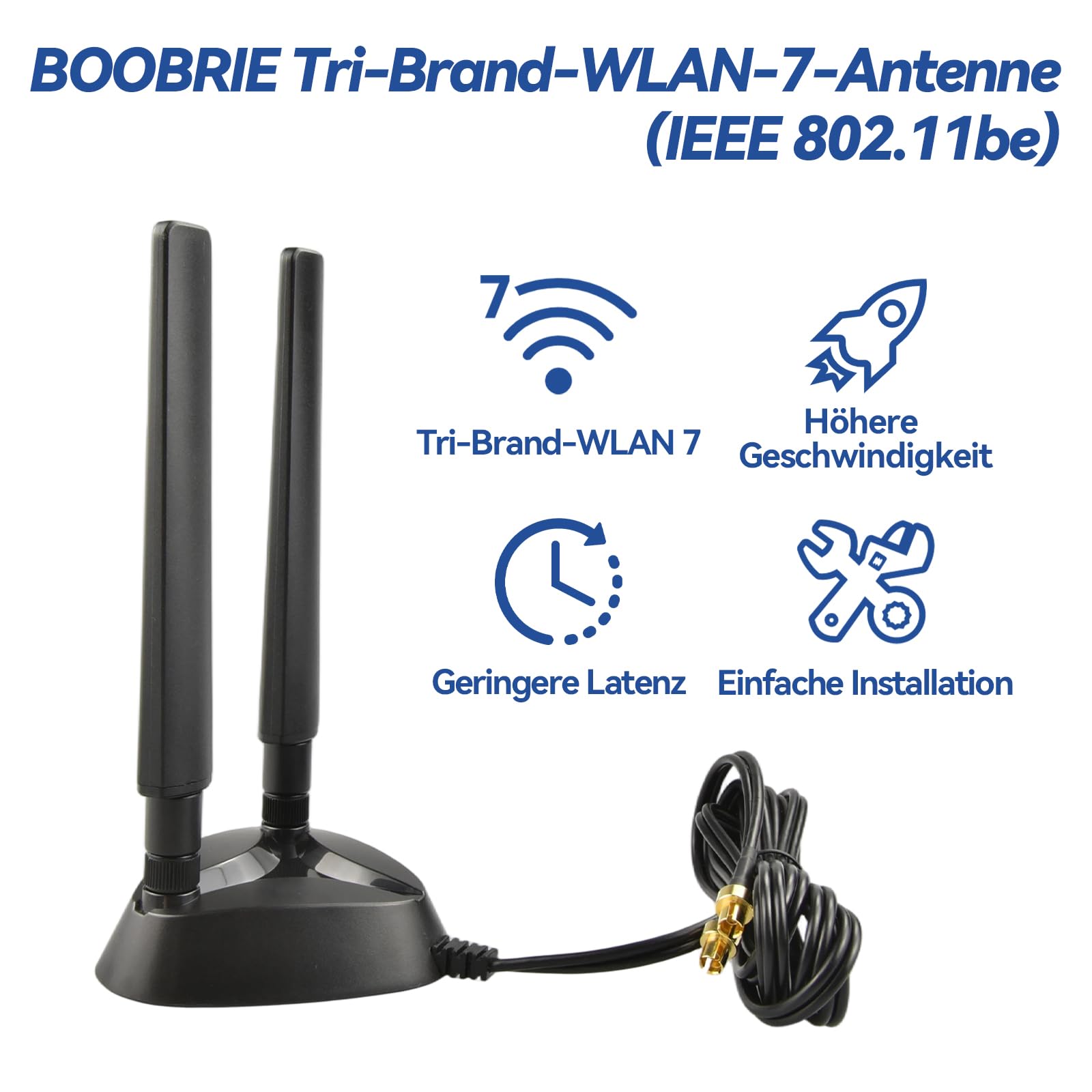 Dual Quick-Plug WiFi7 - Antena magnética con base magnética (3 dBi, 2,4/5,8/6 GHz, cable RG174, base magnética triangular estable, compatible con ASUS ROG/Gigabyte AORUS/MSI y todos los