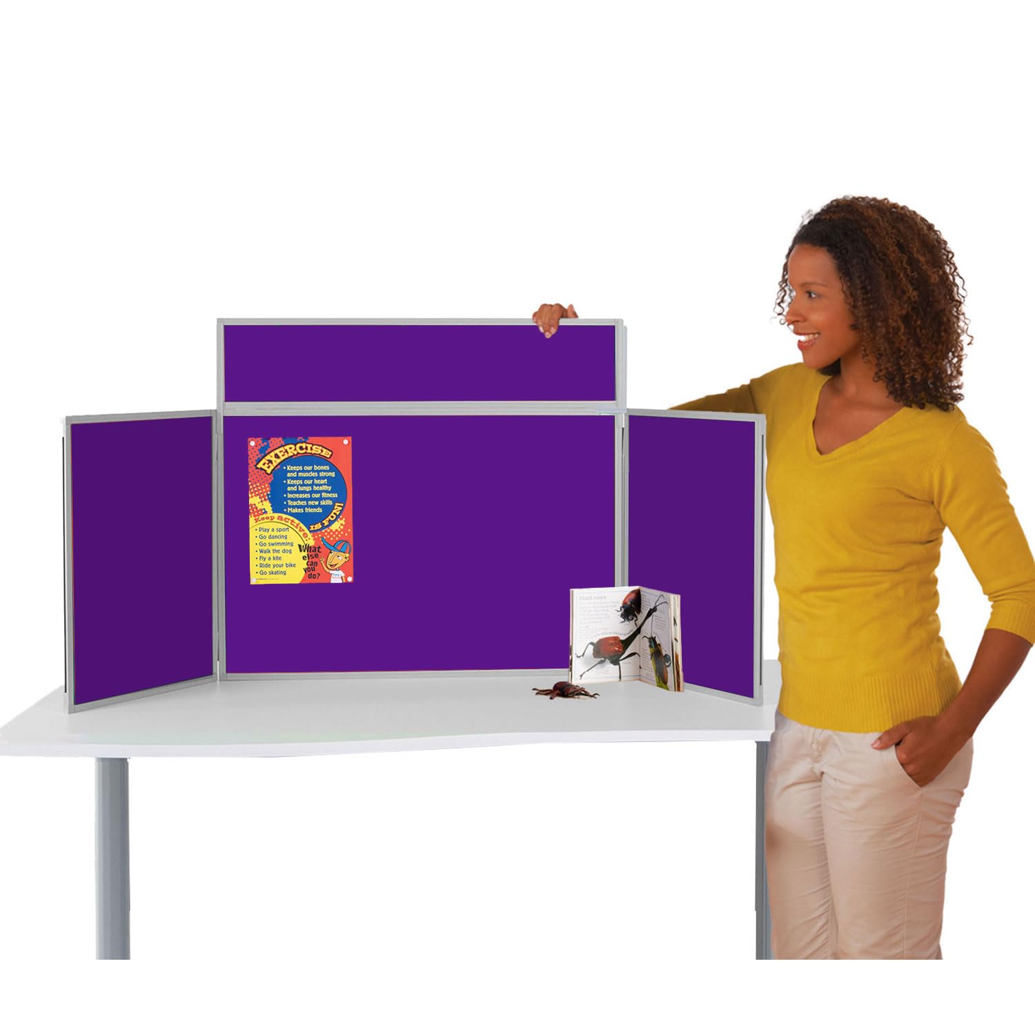 Wonderwall Tabletop Exhibition Folding 3 Panel Display Kit, Landscape, Lightweight, Purple Pinboard, PVC Frame, Clip-on Header & Storage Bag, for Office, School, Exhibition, Info Hubs
