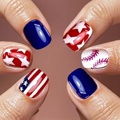 24Pcs Independence Day Press on Nails Short Square Fake Nails
