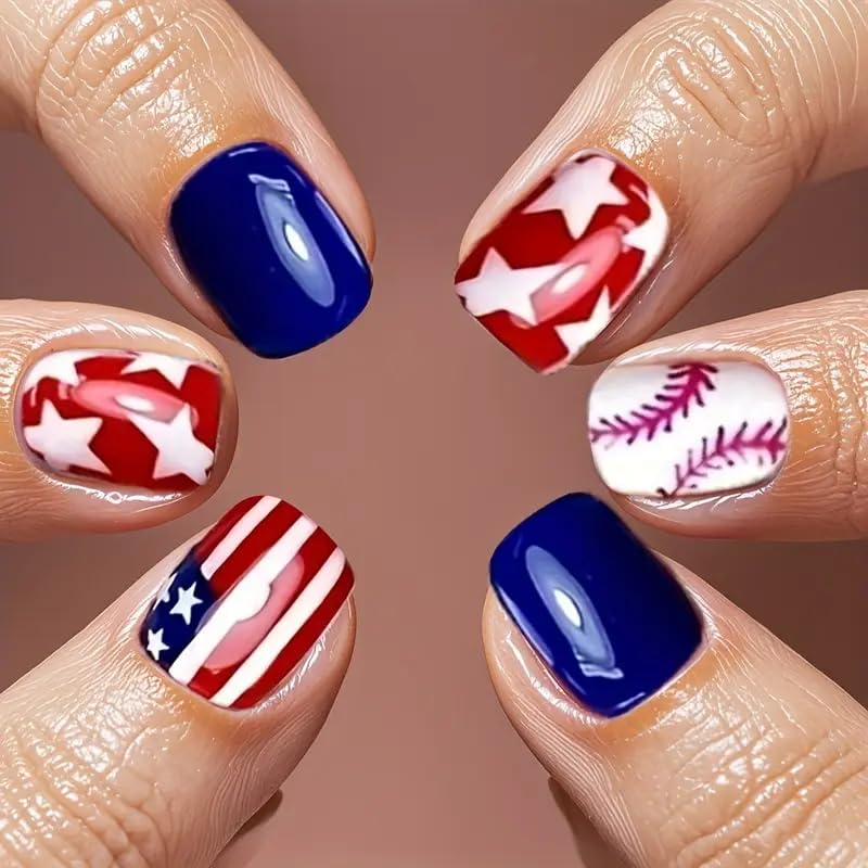24Pcs Independence Day Press on Nails Short Square Fake Nails wit...