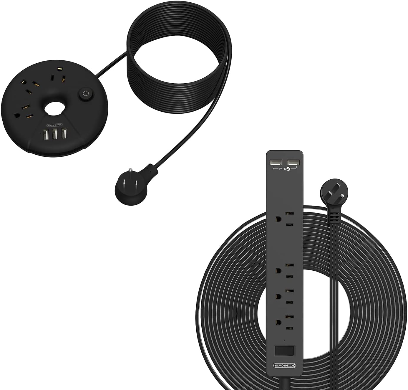 Extra Long Extension Cord Bundle, NTONPOWER Flat Plug Power Strip with USB Ports 3 Outlets, Compact Desktop Charging Station with Switch for Home, Office, TV, Nightstand, Dorm Room Essentials, Black