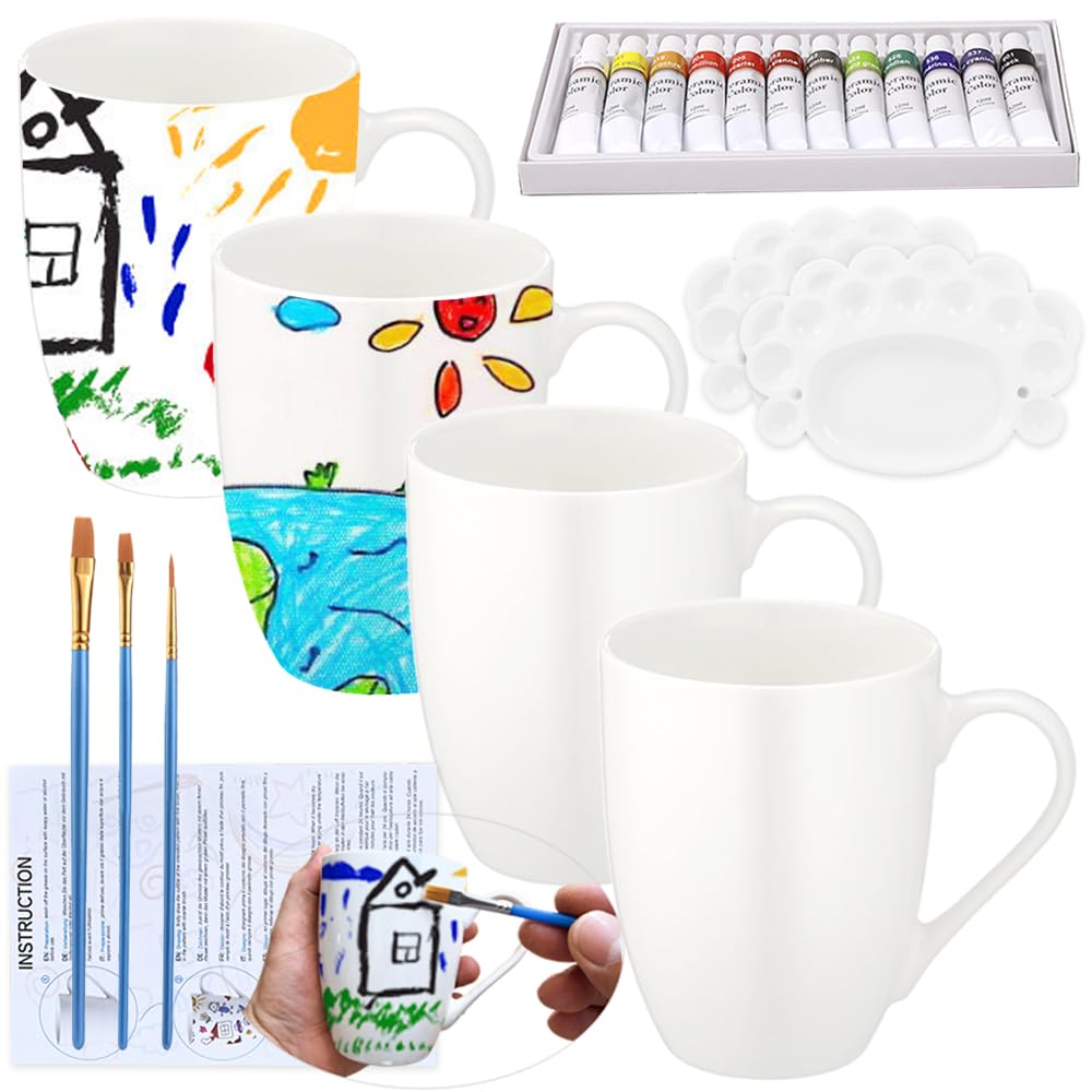 LOZACHE DIY Keramik Tassen Bemalen Set – 4 Tassen zum Selbstgestalten mit 12 Farben, Pinseln & Zubehör – Personalisierbares Bastelset für Erwachsene – DIY Kreatives Geschenk zum Bemalen