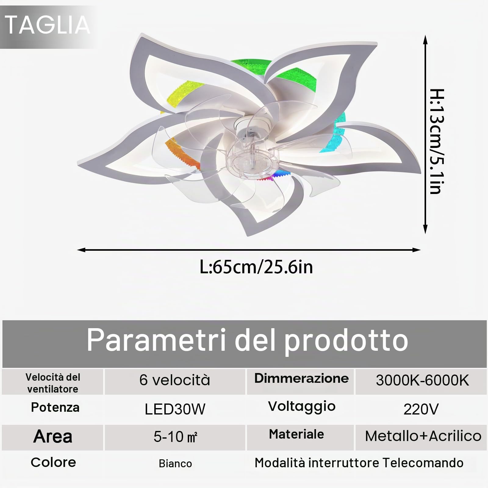 RGB Lampadario Ventilatore Dimmerabile 6 Velocità DC Smart Ventilatore Da Soffitto Con Luce E Telecomando Silenzioso Reversibile Plafoniera Con Ventilatore Bianco 7 Pale Per Soggiorno