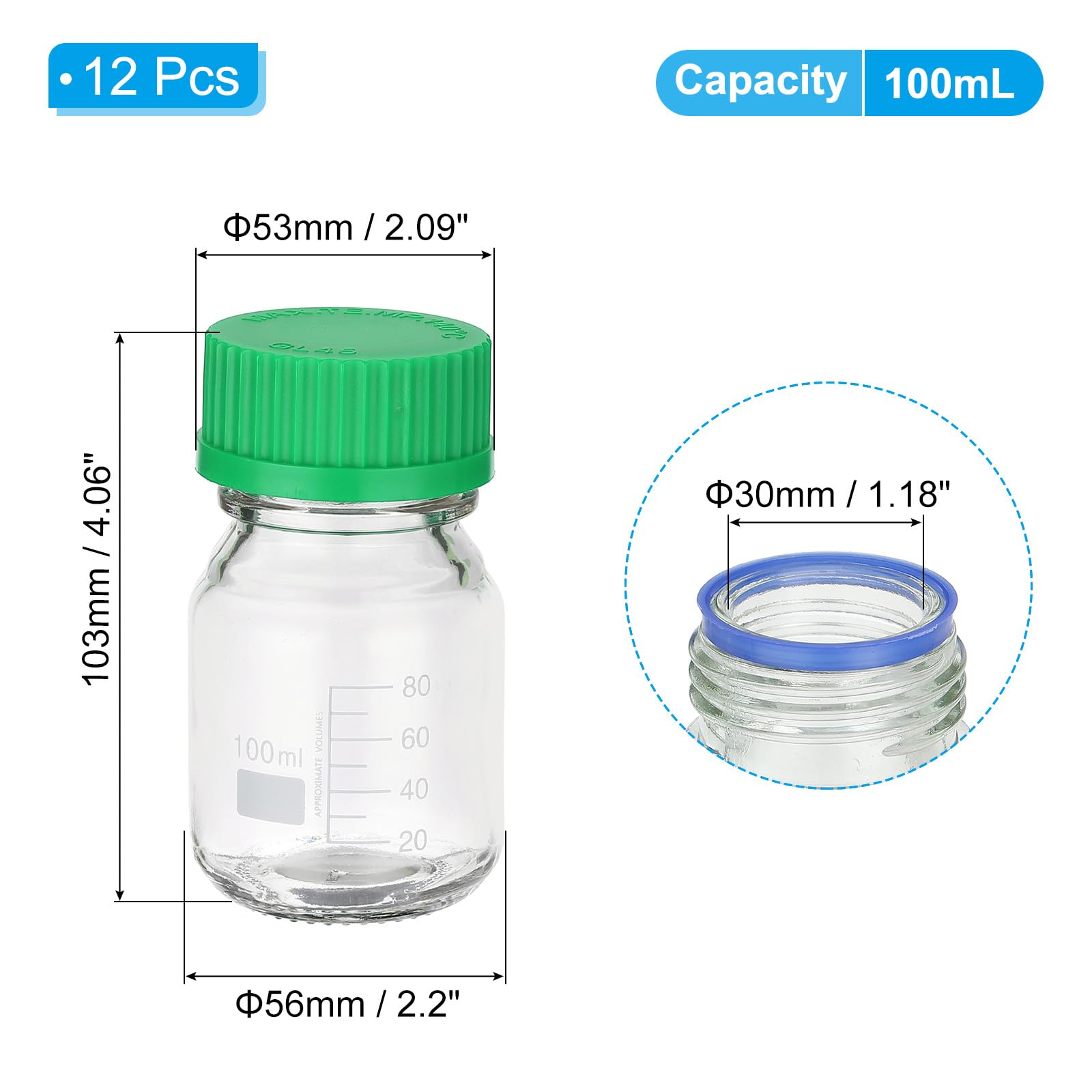 PATIKIL 12 Pack Flacons De Stockage De Réactifs, 100ml Bouteilles Graduées En Verre Borosilicaté Avec Bouchon Vissé Vert GL32 Pour Liquides Réactifs De Laboratoire, Transparent