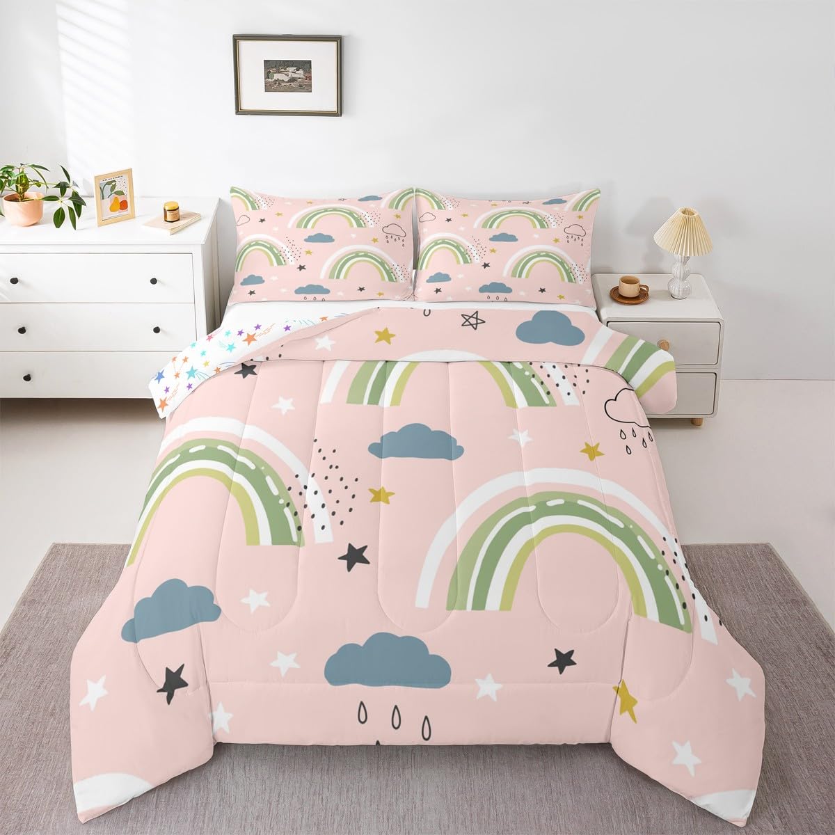 Erosebridal Rainbow Comforter Set Cartoon Cloud Duvet Insert Twin Size for Kids Girls Boys Children Women, Rainbow Stripes Down Comforter Girly Kawaii