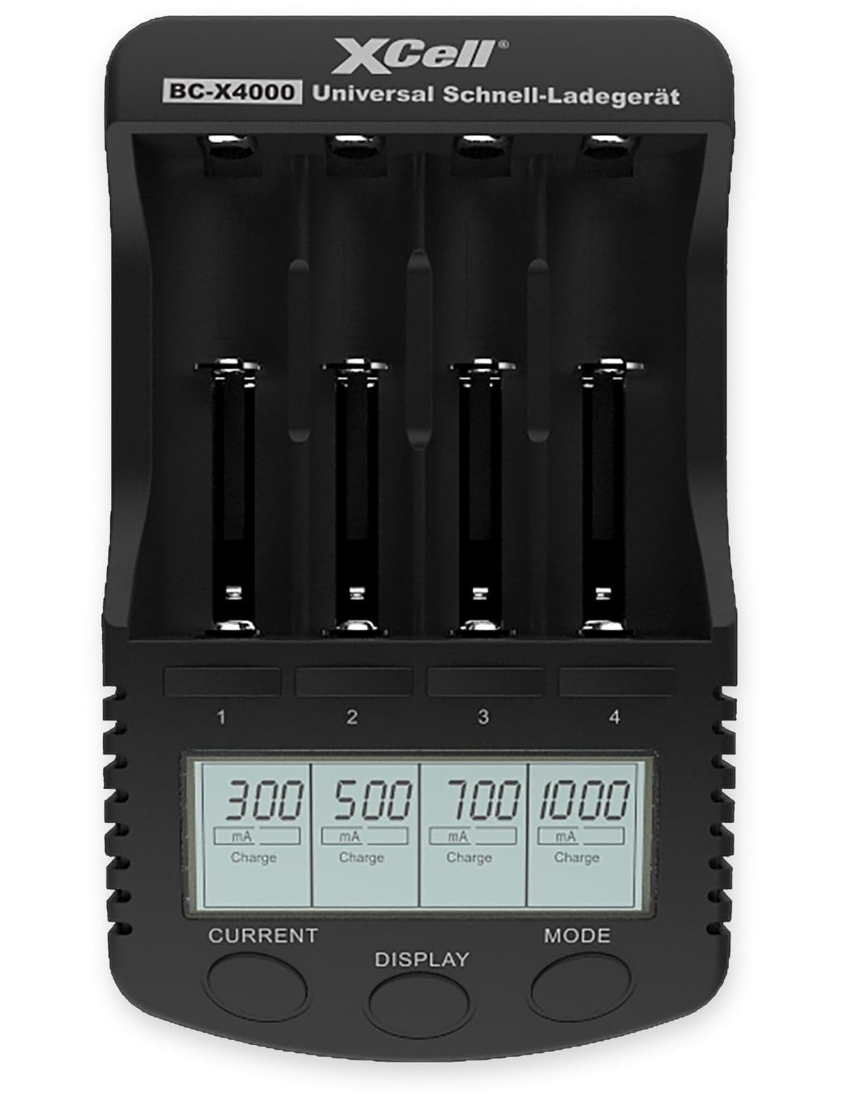 XCell Cargador rápido BC-X4000 con Pantalla LCD (Largo x Ancho x Alto 157 x 92 x 33 mm, Fuente de alimentación 100-240 V, 300/500/700/1000 mA, no Equipada, Compatible con NI-MH/NI-CD/Li-Ion) 141863