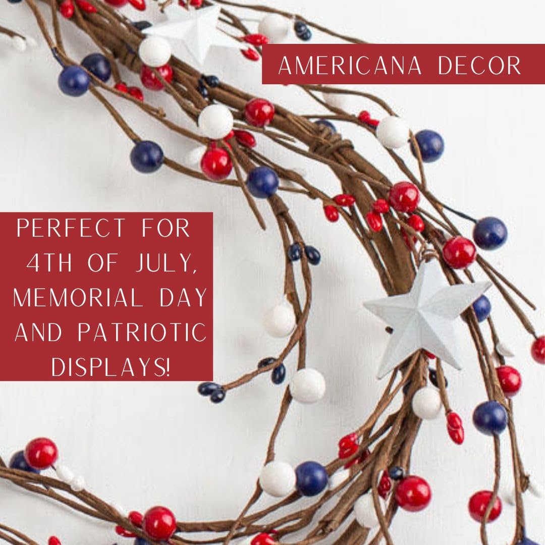 Factory Direct Craft Americana Mixed Berry and White Stars Garland - Red, White and Blue Berries and Metal Stars for Patriotic Decorating (58 Inches Long)