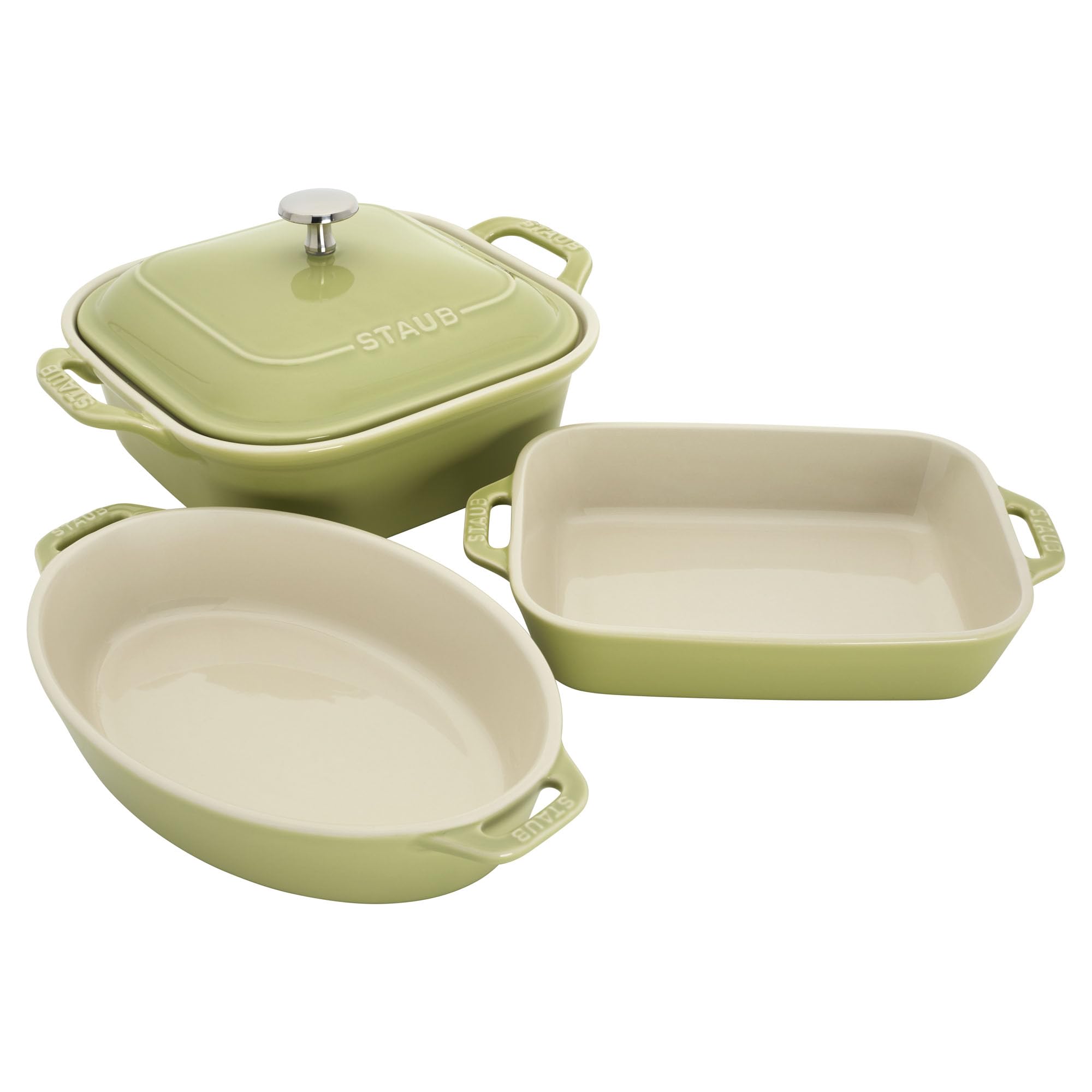 Staub Ceramic 4-pc Baking Pans Set, Casserole Dish with Lid, Brownie Pan, Light Green