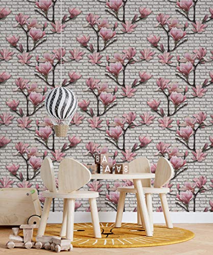 Image of DWELLSINDIA Flowers in Brick Wall Background Self Adhesive Peel and Stick PVC Wallpaper Waterproof, Scratch Resistant, Laminated (41x244 cm, Multicolor, Matt)