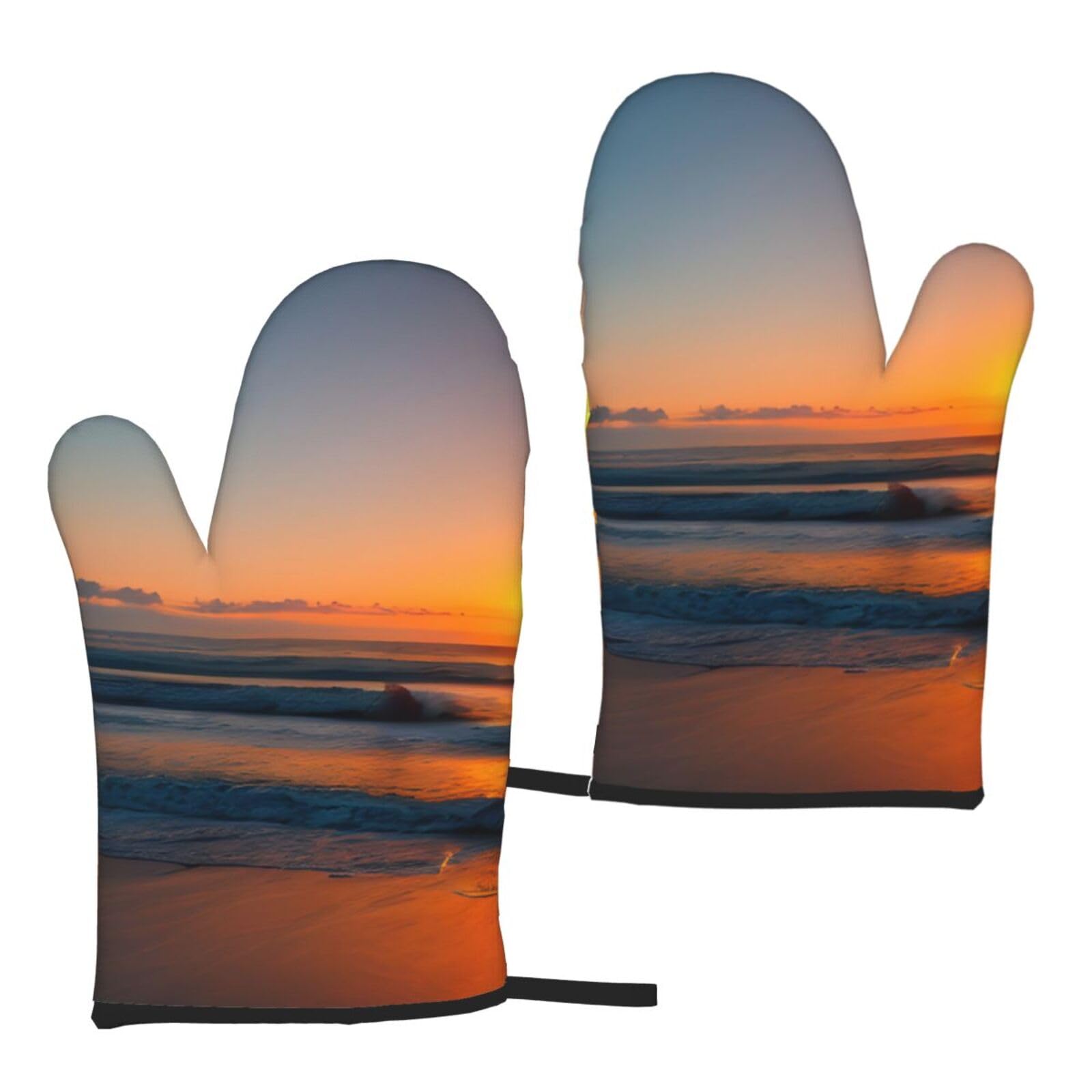 Nimongt Women's Black Beautiful Sunrise Ocean Print Adults Universal Fit Heat Resistant Oven Gloves Reusable Cooking Outdoor Grilling