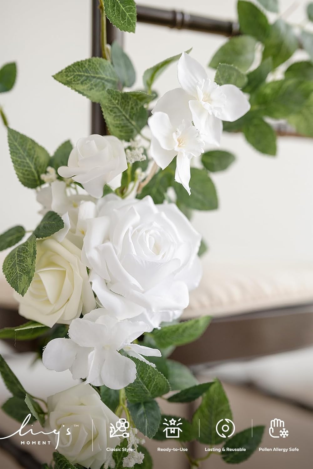 Ling's moment 8 Wedding Chair Decorations Aisle Pew Church Artificial Flowers Greenery Swag White Sage Green Bench Ceremony Reception Floral Faux Backdrop Rose Arrangements Party Outdoor Decorations