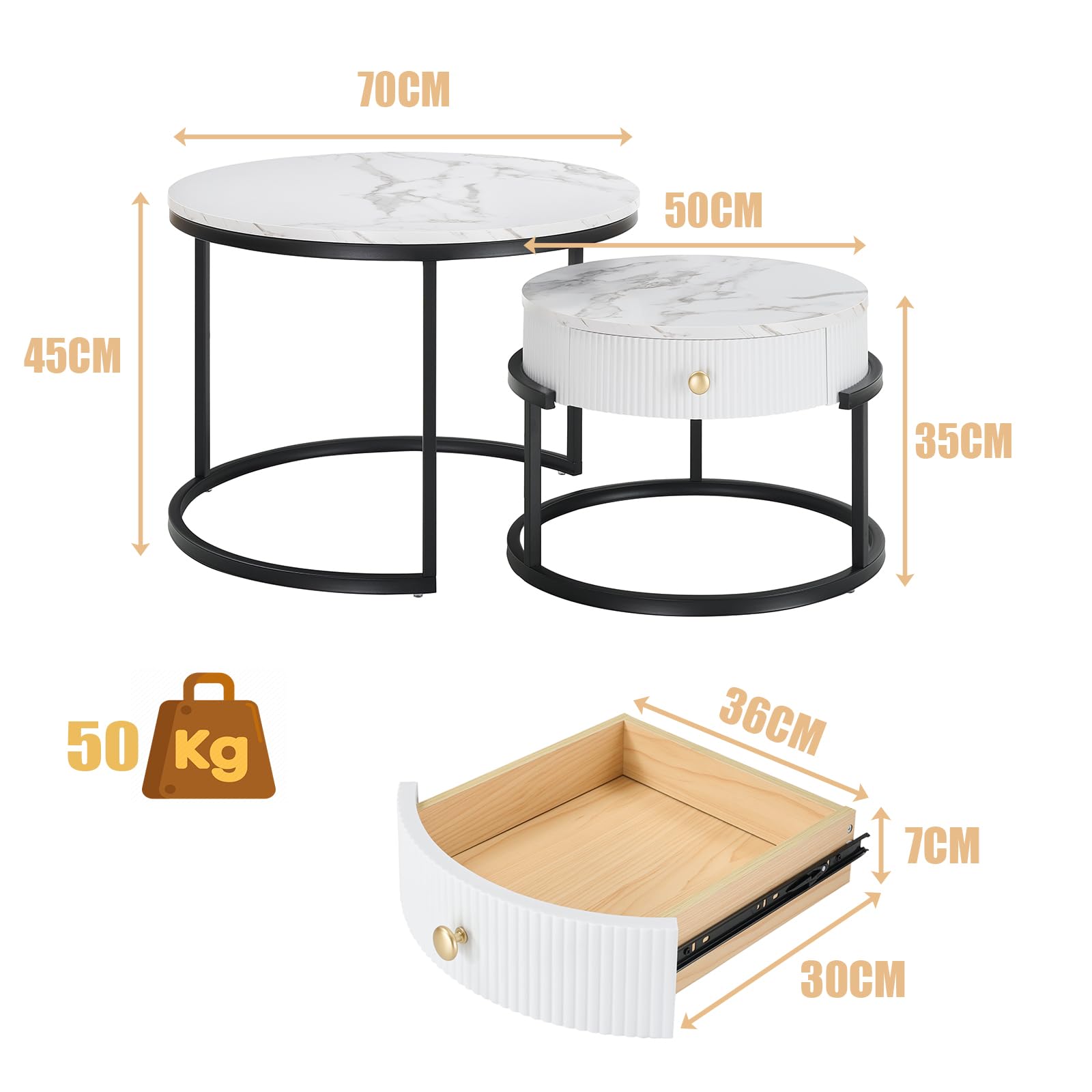 Tavolo Rotondo con cassetto, Tavolino Salotto Moderno con cornice nere, Tavolo Soggiorno con effetto marmo, set di 2 pezzi da Tavolino Rotondo