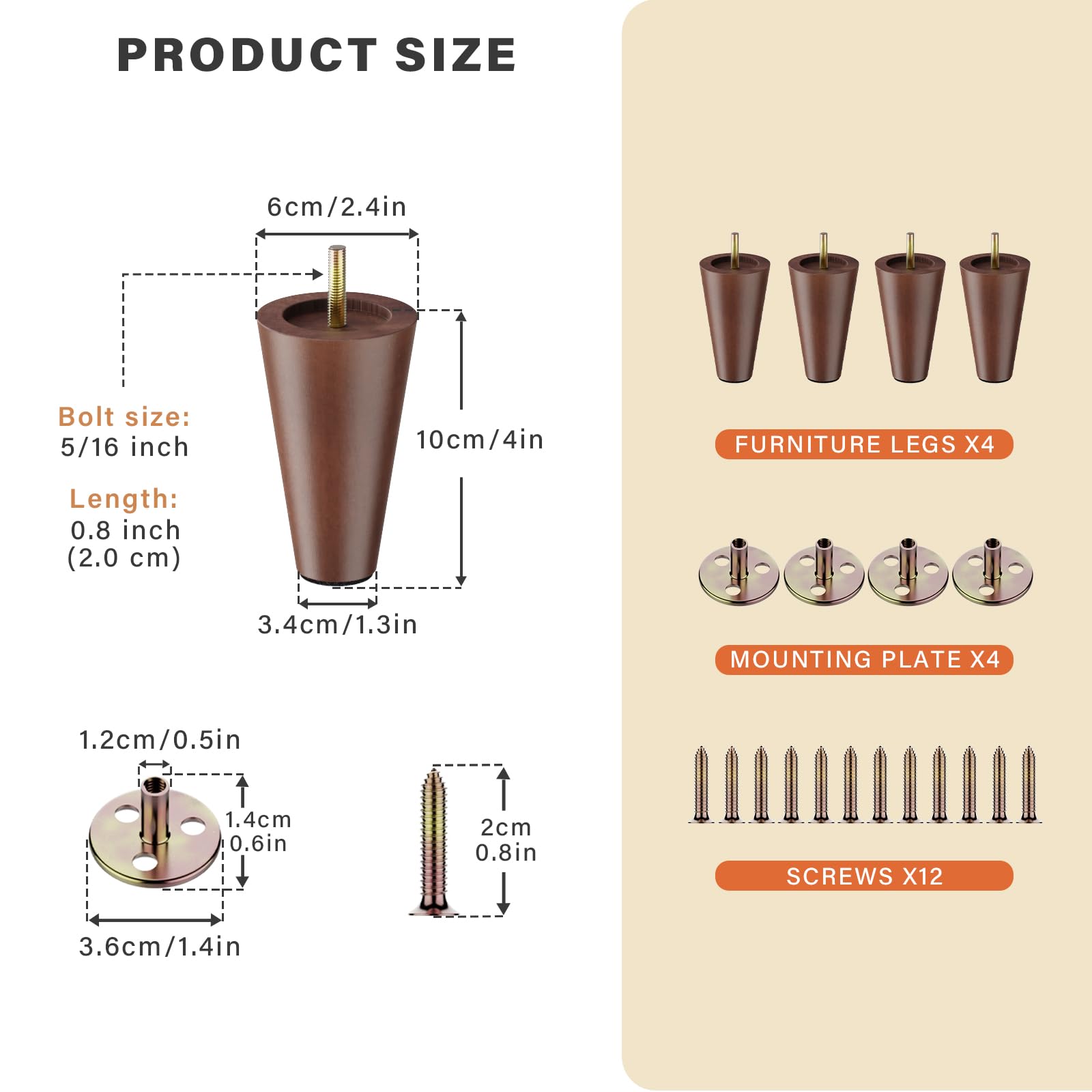 GOSCHE Wood Furniture Legs 4 Inch, Round Brown Sofa Legs Set of 4, Chair Legs, Replacement Couch Legs for Armchair, Cabinet, Mid Century Modern Dresser Or Home DIY Projects Bun Feet