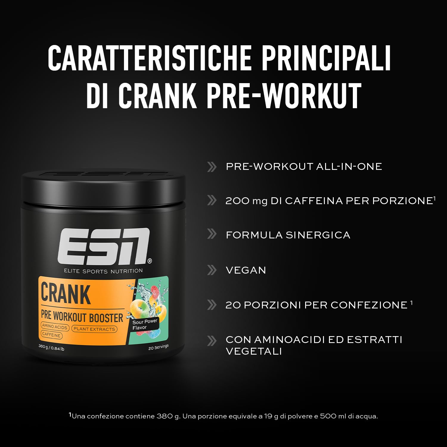 ESN Crank, Sour Power, 380 g, Booster pre-allenamento, vegano - Made in Germany