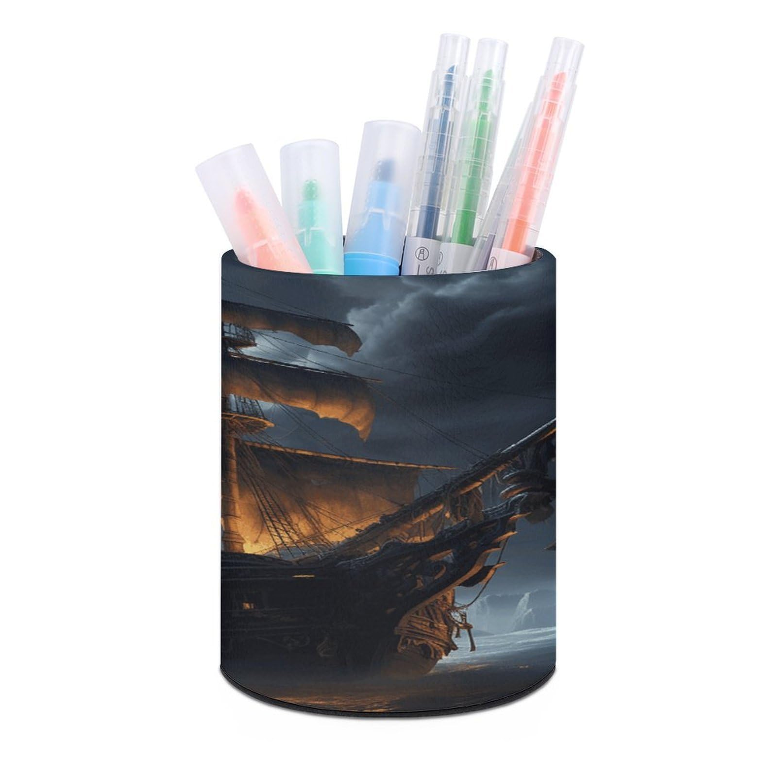 VstaDank Pirate Sailboat Full Moon Pen Holder Leather Pencil Cup Round Pencil Holder for Desk Organizer Personalized Pen Cup Fashion Pen Organizer Makeup Brush Holders for Office Home&Gift