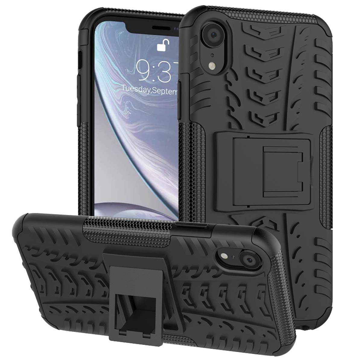 iPhone XR Case,Heavy Duty Shock Proof Protective Phone Case,Dual Layer Hybrid Cover with Kickstand for iPhone XR 6.1" (2018)-Black
