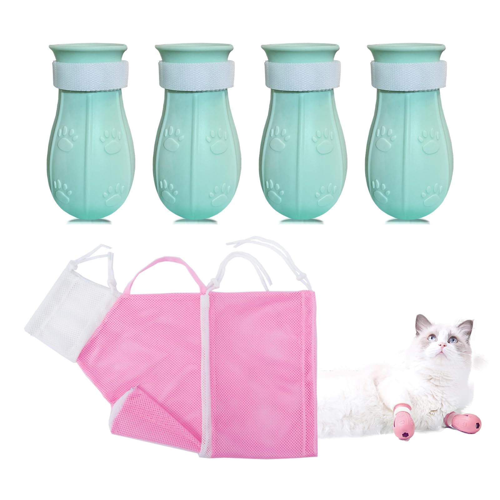 Kratzfeste Silikon-Katzenschuhe, Katzenklauen-Abdeckungen, verstellbar, multifunktional, bissfest, Duschnetztasche, Katzenpflege, Netztasche, medizinische Schuhe, Katzenbadetasche (Rosa)