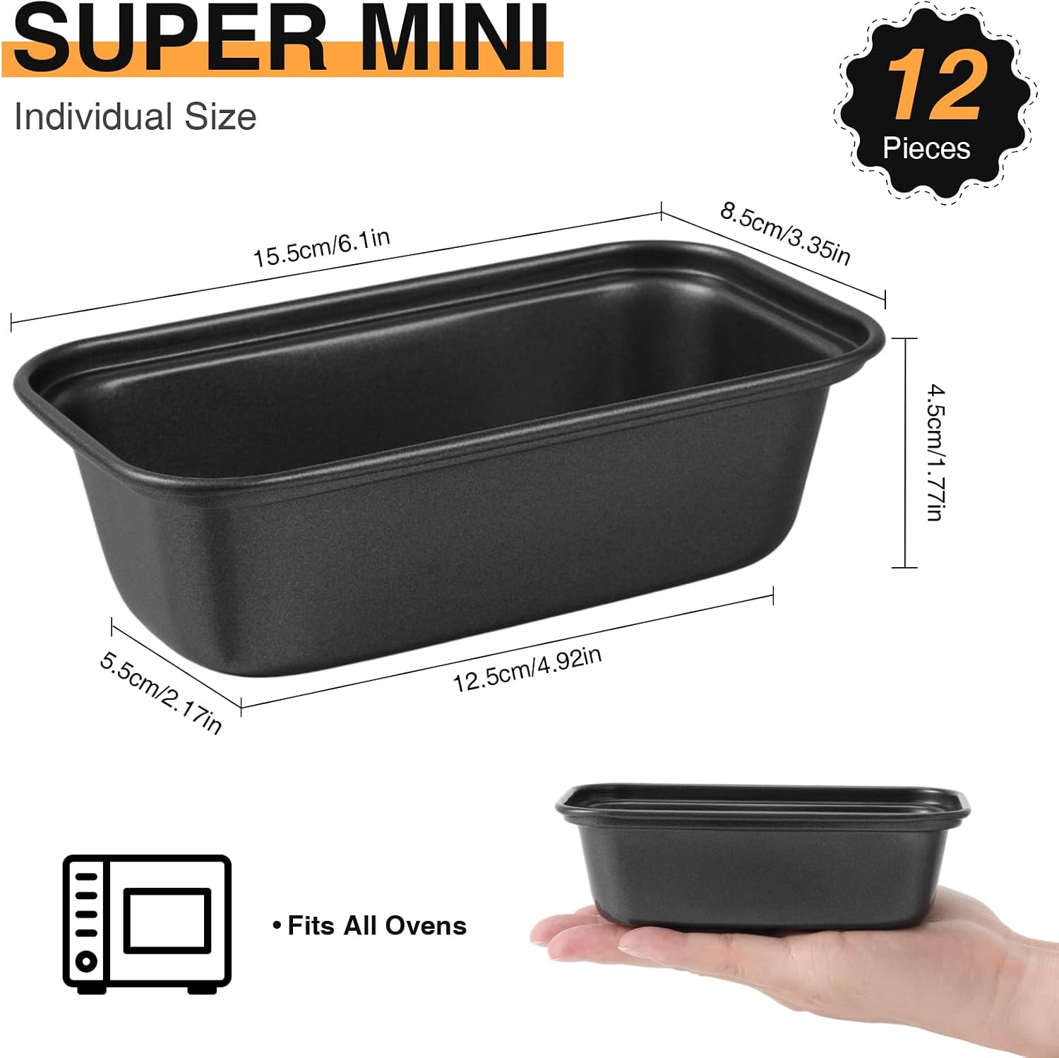 12PCS Mini Loaf Pans for Baking Bread, 6 X 3 X 2 in Nonstick Mini Bread Loaf Pans, Carbon Steel Small Bread Pans, Rectangle Small Banana Bread Tins for Baking Meatloaf, Brownies, Black