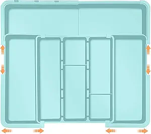 Large Utensil Drawer Organizer Expandable Silverware Organizer for Kitchen Drawer Adjustable Cooking Utensil Holder Cutlery Flatware Tray Spatula Tools Gadgets Storage Dividers Plastic Turquoise