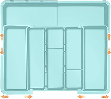 Large Utensil Drawer Organizer Expandable Silverware Organizer for Kitchen Drawer Adjustable Cooking Utensil Holder Cutlery Flatware Tray Spatula Tools Gadgets Storage Dividers Plastic Turquoise