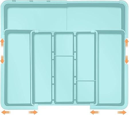 Large Utensil Drawer Organizer Expandable Silverware Organizer for Kitchen Drawer Adjustable Cooking Utensil Holder Cutlery Flatware Tray Spatula Tools Gadgets Storage Dividers Plastic Turquoise