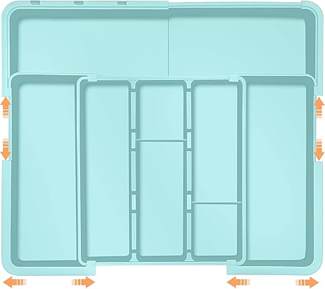 Large Utensil Drawer Organizer Expandable Silverware Organizer for Kitchen Drawer Adjustable Cooking Utensil Holder Cutlery Flatware Tray Spatula Tools Gadgets Storage Dividers Plastic Turquoise