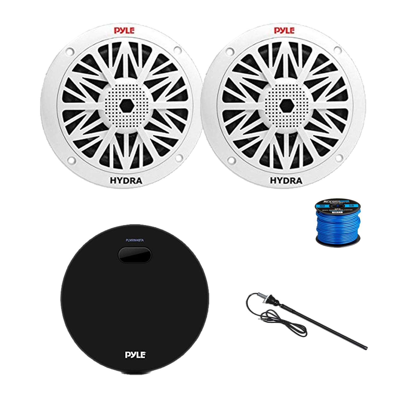 Pyle PLMRM4BTA Gauge Style Marine Bluetooth Receiver, 2X 6.5 200 Watt Peak Full Range 2-Way Waterproof Audio Speakers w/Wire, Long Range Antenna