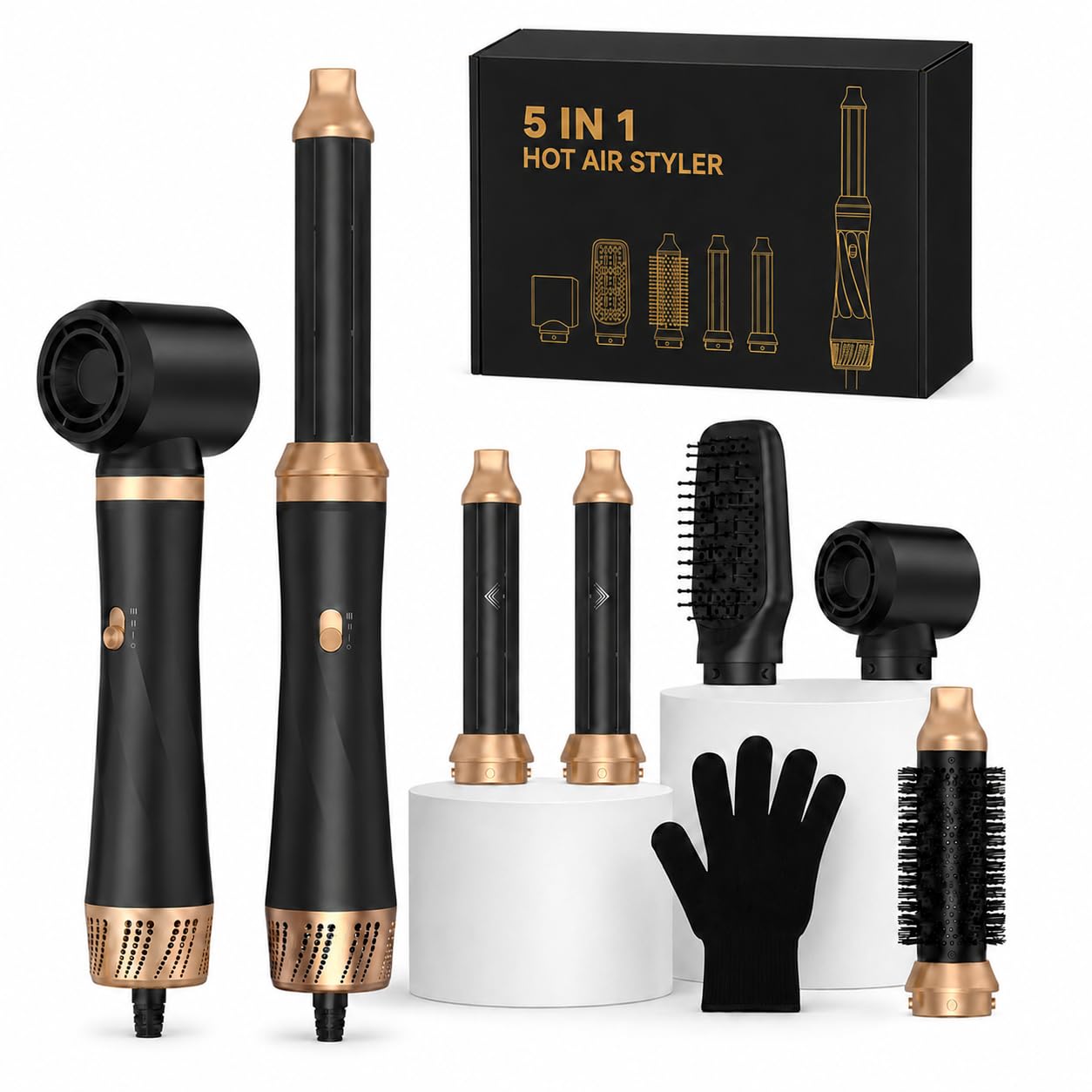 Kit de coiffeur 5 en 1 - 1000 W - Brosse ronde - Brosse à air chaud multifonction avec fer à friser automatique - Lissage négatif