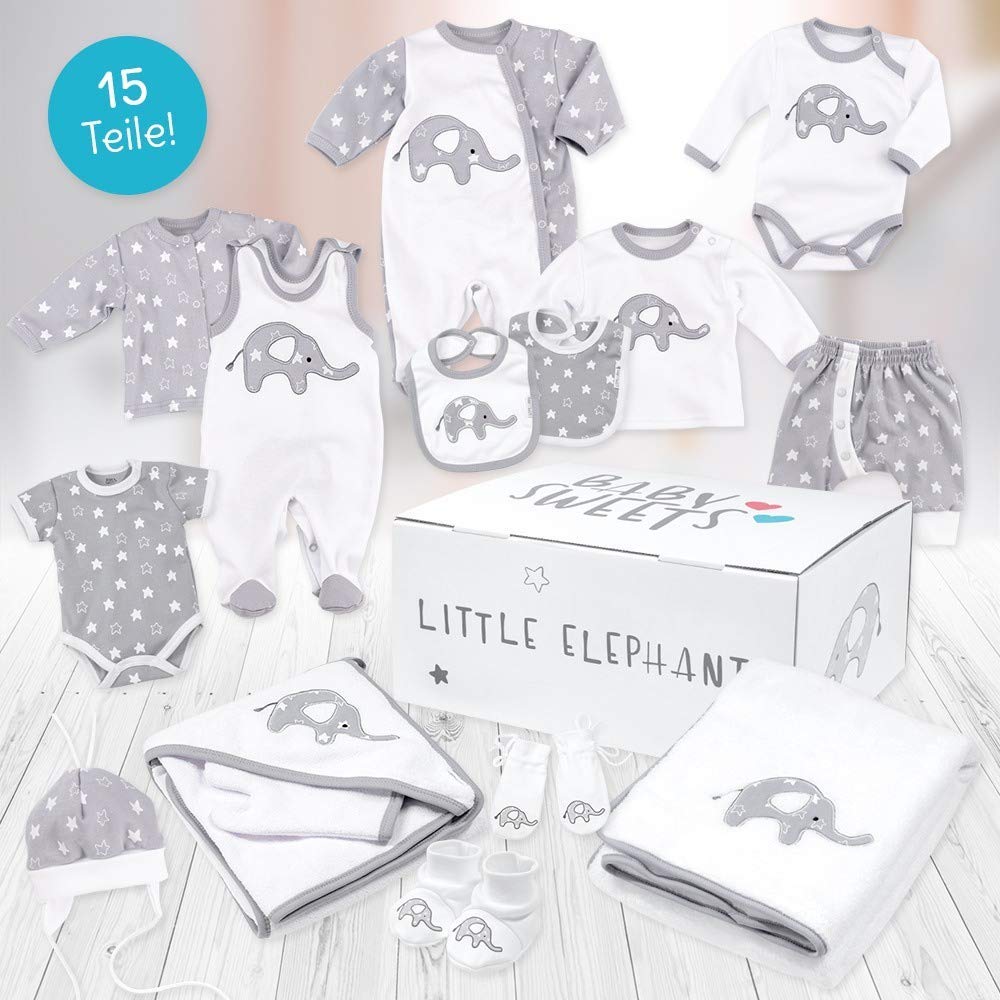 Baby Sweets Baby equipamiento inicial unisex blanco gris Diseño: Little Elephant Juego de 15 piezas para recién nacidos y niños pequeños Tamaño: blanco blanco gris Talla:Newborn (56)