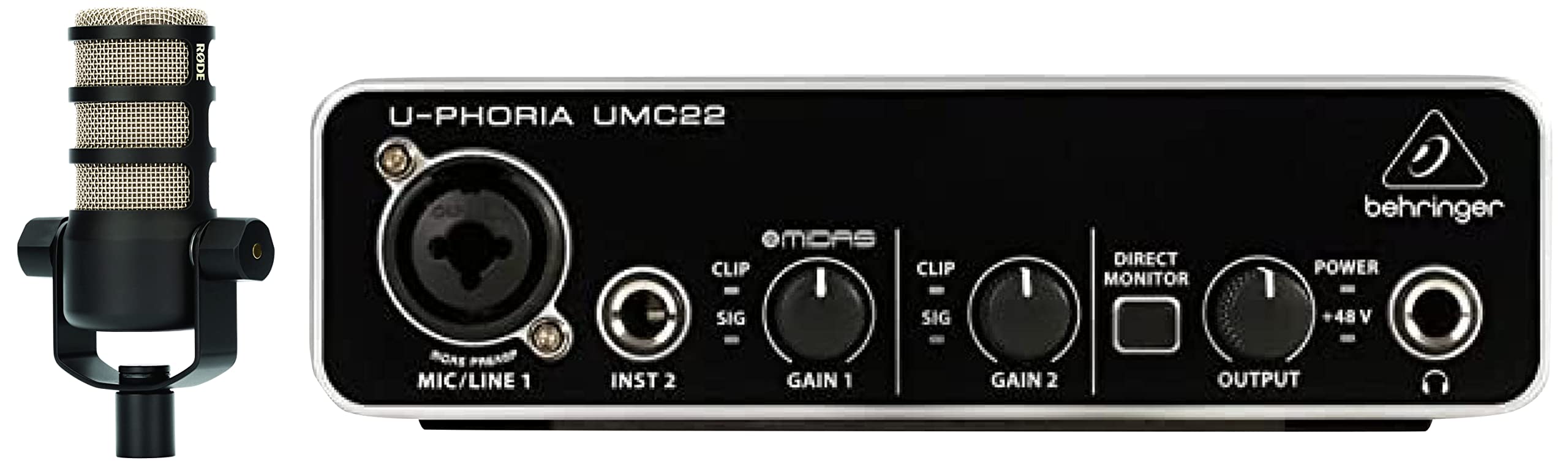 RØDE PodMic Broadcast-quality Dynamic Microphone with Integrated Swing Mount for Podcasting, Streaming & Behringer UMC22 Audiophile 2x2 USB Audio Interface with Midas Mic Preamplifier