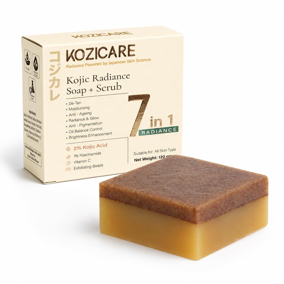 Kozicare Kojic Radiance Soap + Scrub| Magic Soap Bar with 2% Kojic Acid, 1% Niacinamide & Vitamin C for De-Tan & Anti-Pigmentation | Exfoliating Face & Body Soap Bar | Fades Dark Spot | 120g-image-24