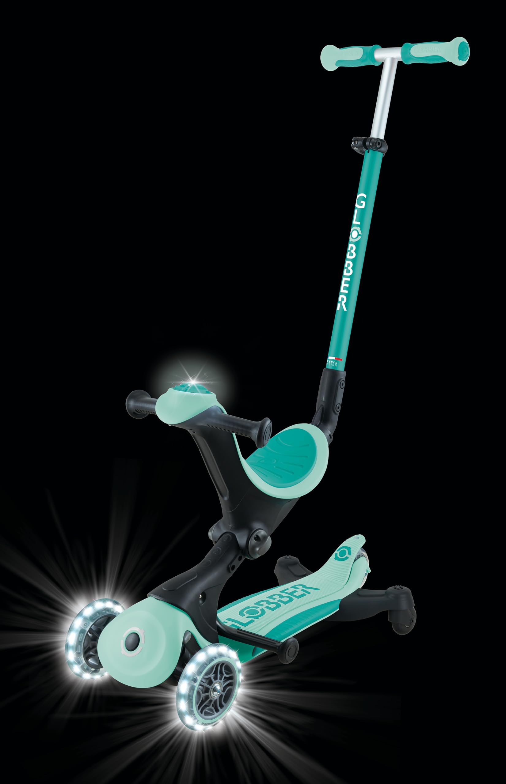 GLOBBER GO-UP Deluxe Lights 360 Roue de siège 3 en 1 avec roues LED, 120/80 mm, réglable, 3 roues, menthe