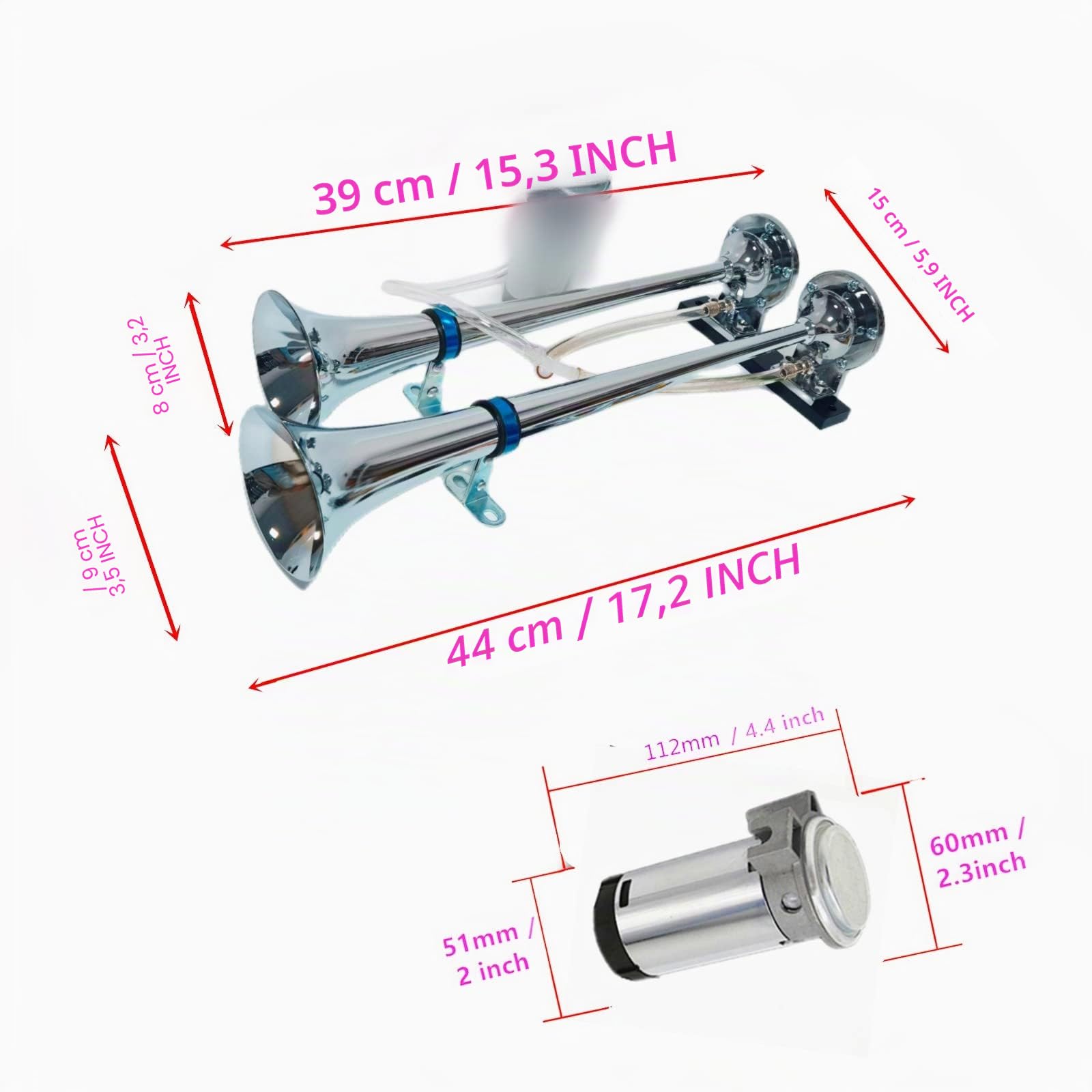 Air Horn 12V Doppelrohrhorn 165db Auto Lautsprecher Silber Chrom Zink Trompete Mit Air Pump für LKW Moto Van Boot Zug