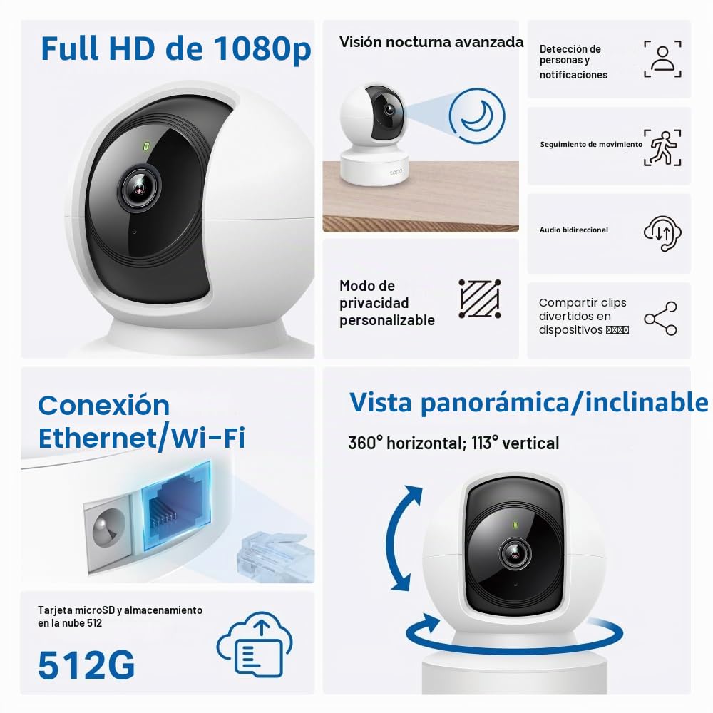 Tapo C202 - Cámara de vigilancia WiFi 360° HD 1080p, Seguimiento de Movimiento, visión Nocturna, Audio bidireccional, Compatible con Alexa y Google Assistant