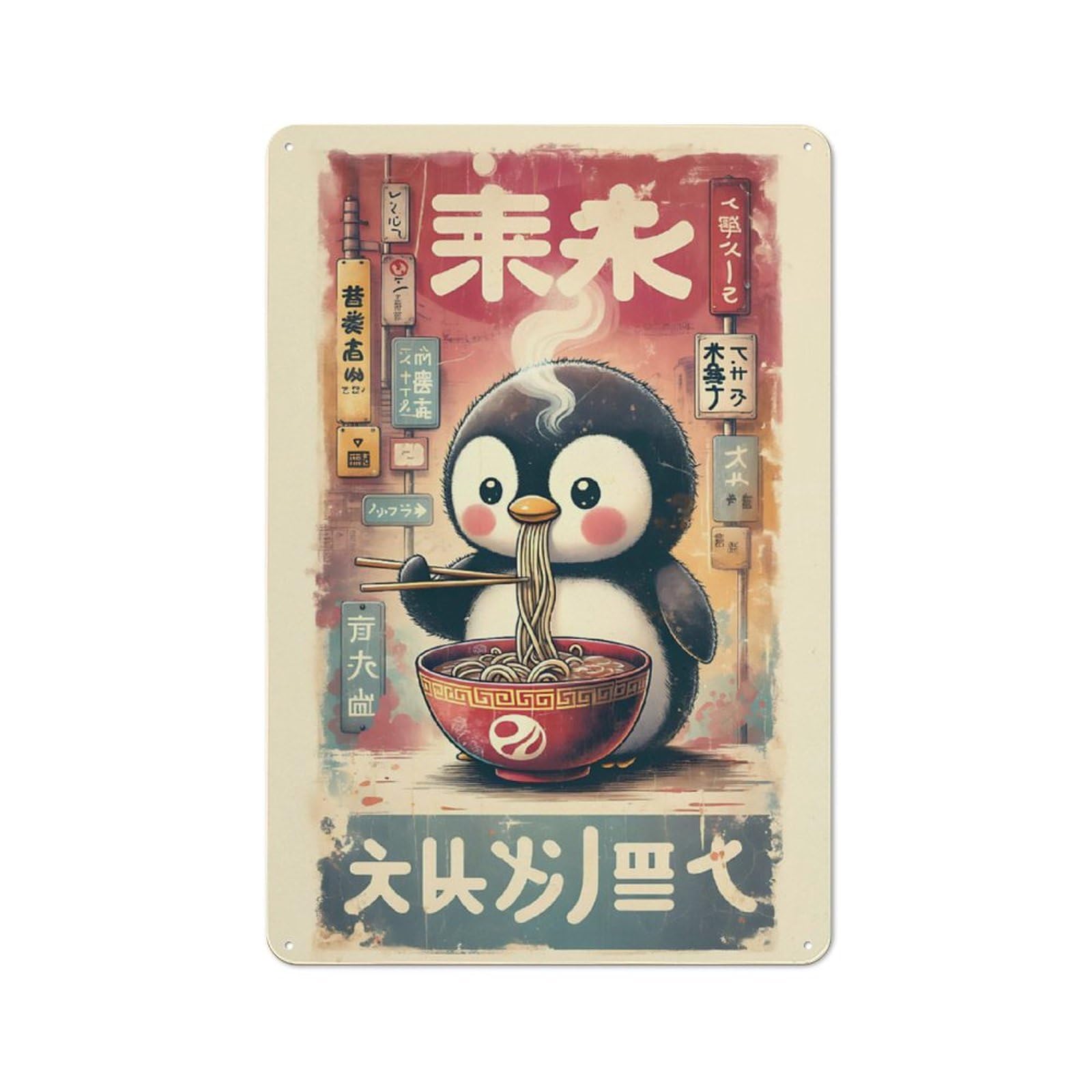Junmoney Penguin Eating Ramen In Japanese Setting Tin Sign 30X20cm For Bar Or Restaurant, Retro Wall Decor, For Restaurant Interior Fans