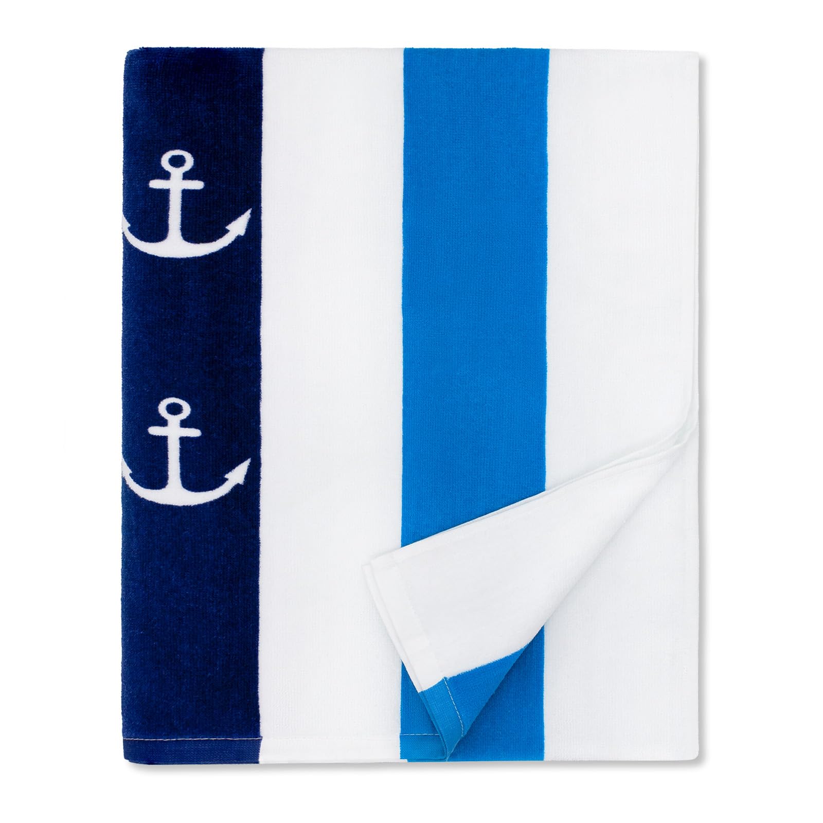 cabanana Large Beach Towel Oversized - Cotton Velour 35 x 70 Inch Anchor Striped Terry Pool Towel, Cabana Soft Swimming Towel for Adults Women Men (Navy Blue)