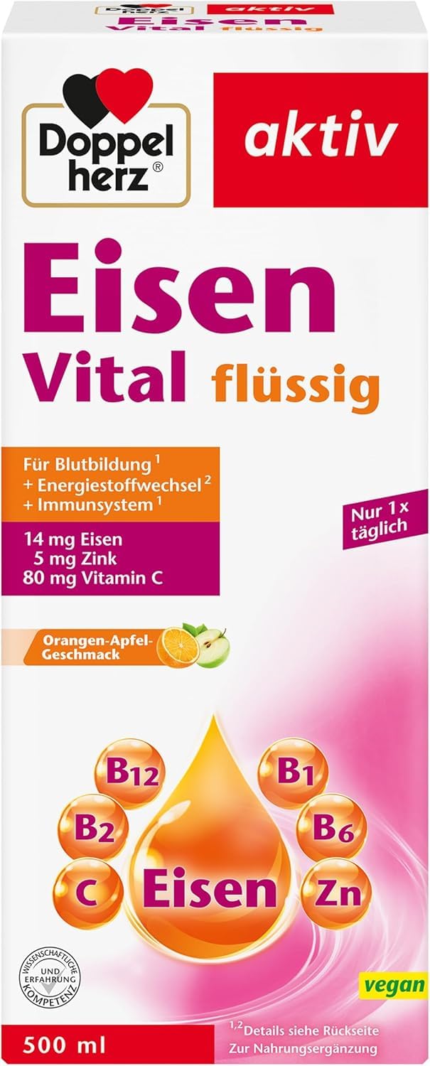 Doppelherz Eisen Vital – flüssig - mit Orangen-Apfel-Geschmack | Eisen unterstützt die normale Funktion des Immunsystems und trägt zur normalen Bildung der roten Blutkörperchen bei – 500 ml