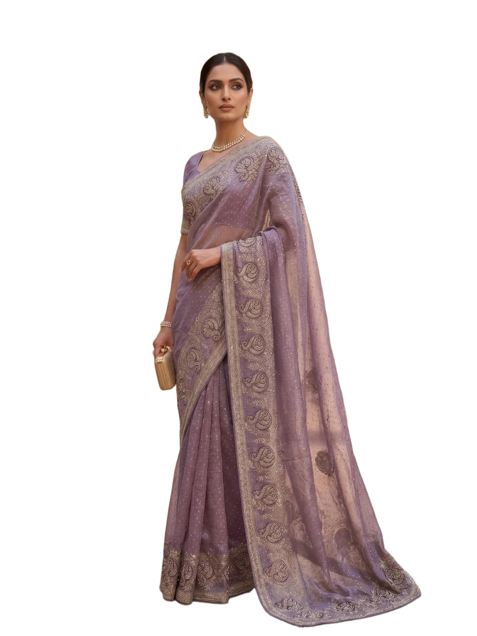 Dusty Blue Embroidered Saree with Heavy Paisley Border | Embroidered Saree, Heavy Paisley Border Work,Ethnic Saree for Weddings and Festive Occasions-image-12