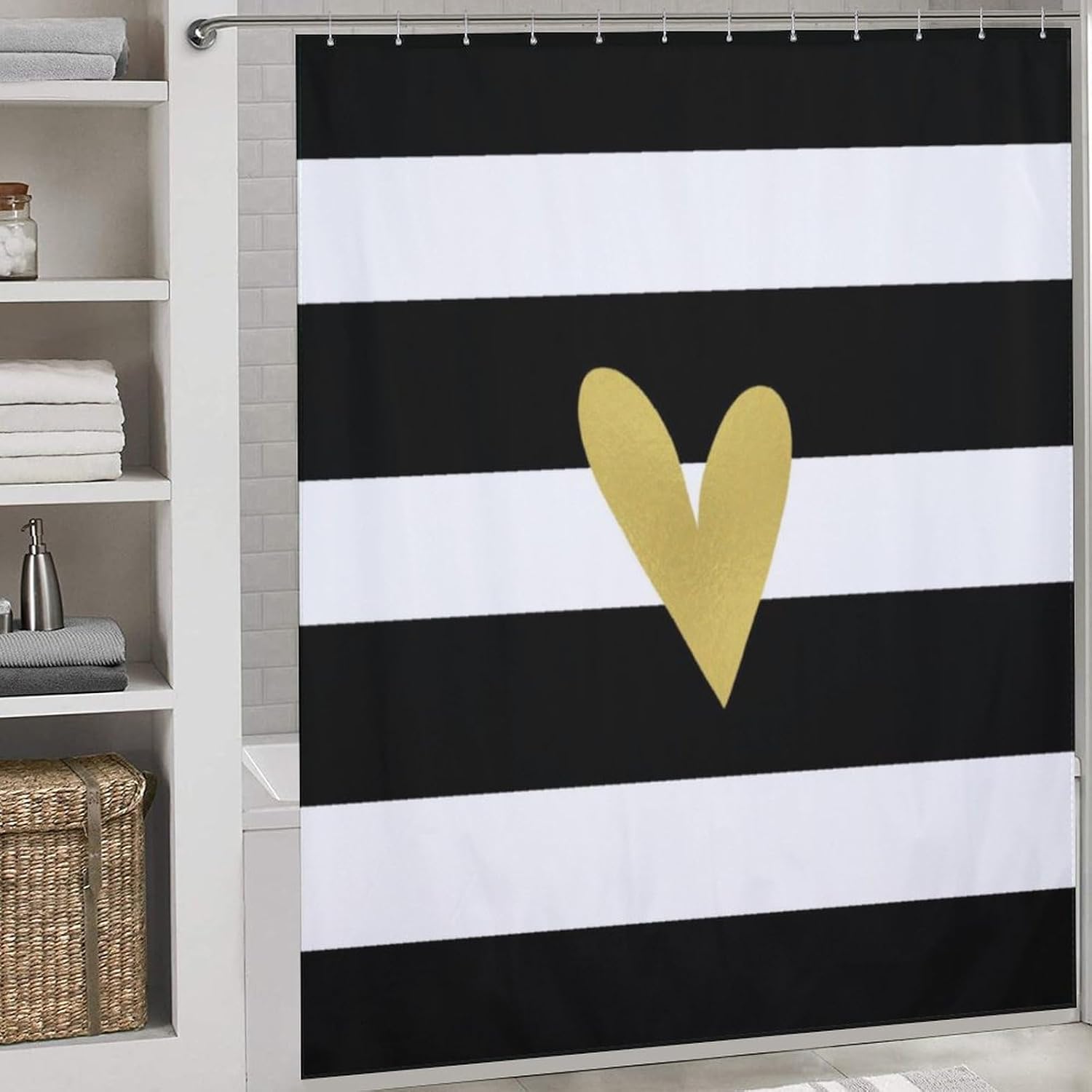 Shower Curtain Liner Set, Gold Heart Black White Waterproof Washable Fabric Shower Curtain for Bathroom Bathtub Decor 72 x 72inch