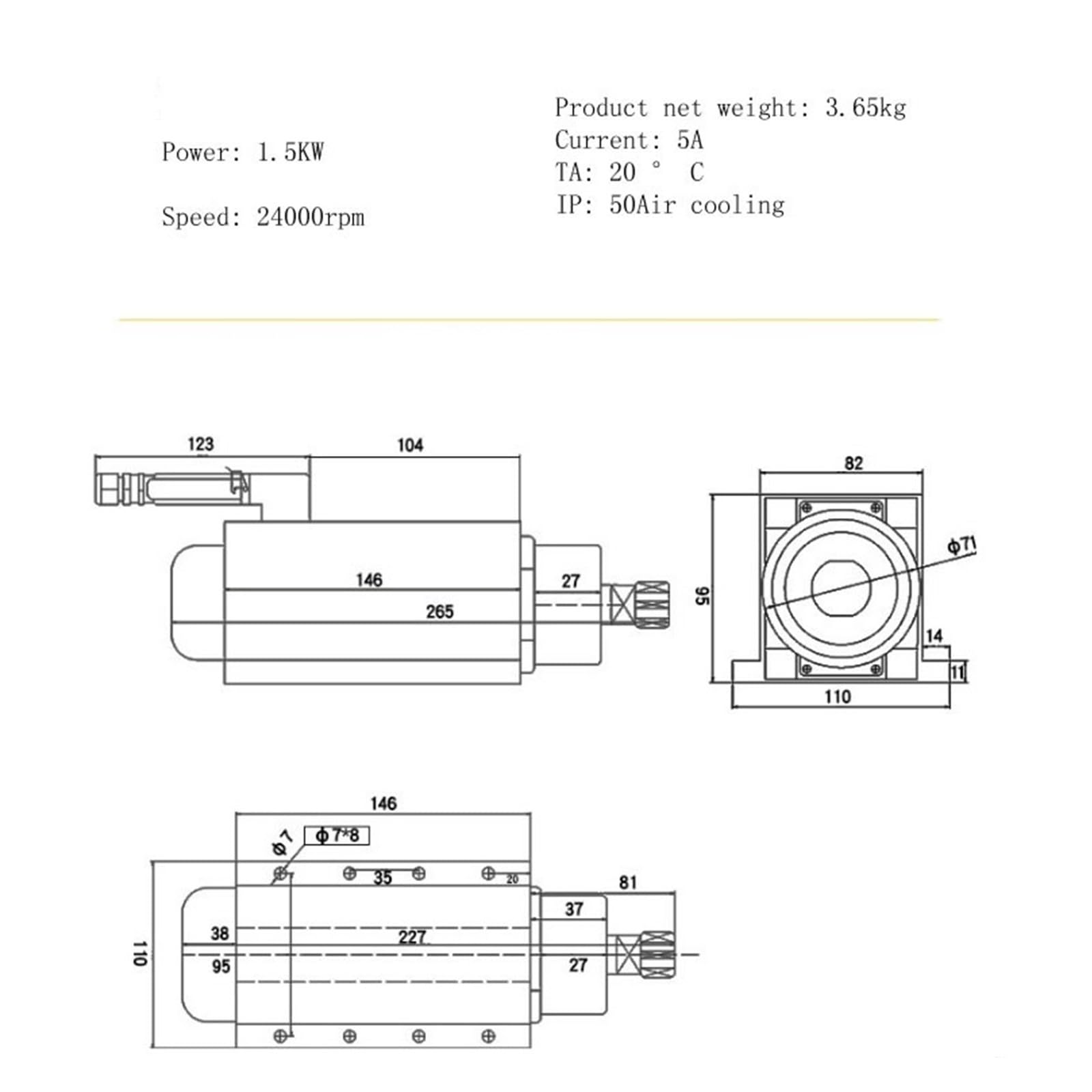 Máquina De Grabado Husillo Cuadrado Refrigerado Por Aire 1.5KW 5A Velocidad 24000rpm Chuck ER11/20 Altamente Optimizado(ER11)