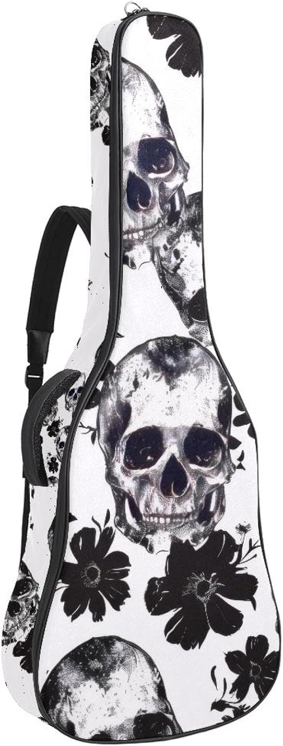 40 41 42 Inch Acoustic Guitar Bag, 0.4 In Thick Sponge Padded Guitar Case Gig Bag with Back Hanger Loop and 2 Pockets, Skull and Floral