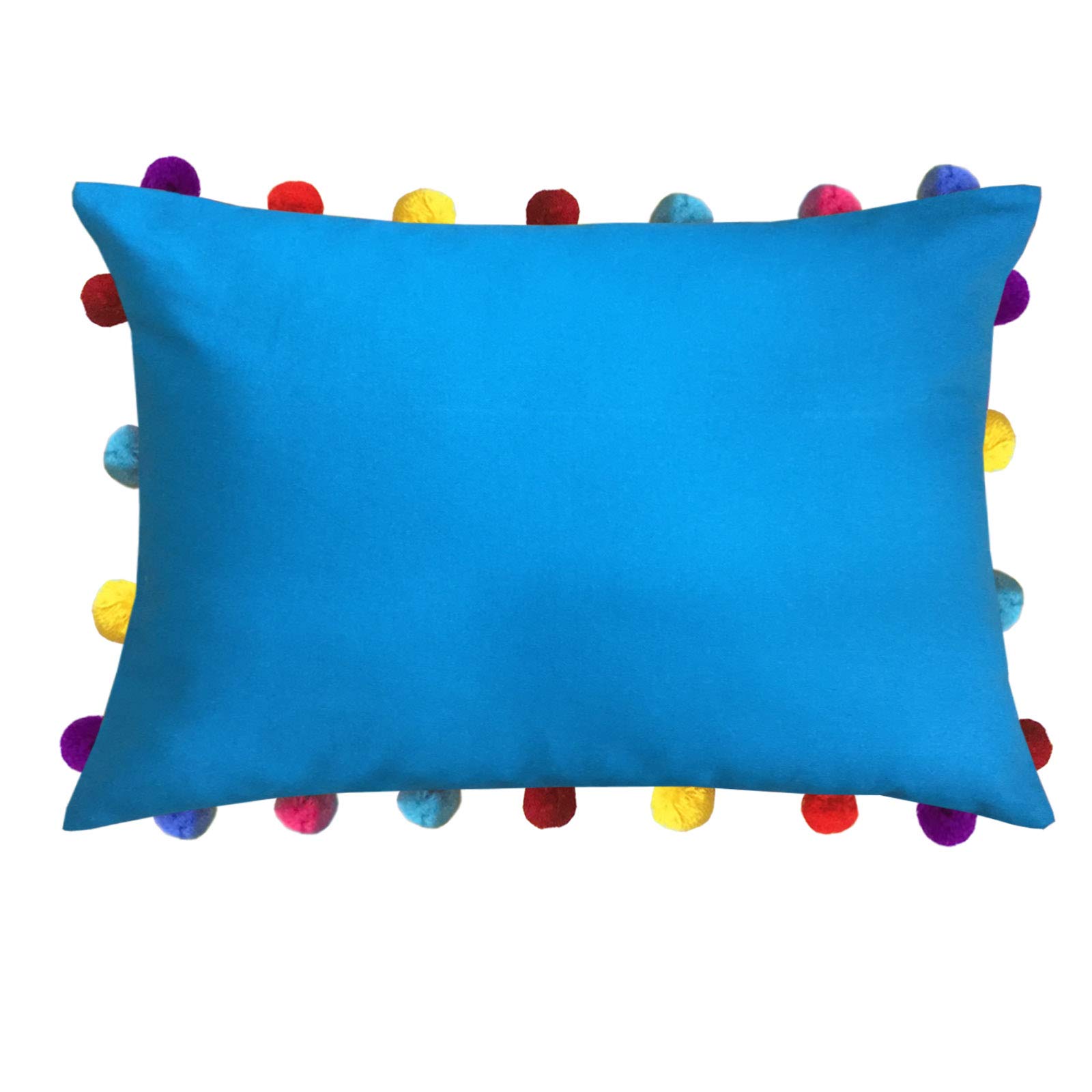 Lushomes Blue Cushion Cover with Colorful Pom poms (Single pc, 14 x 20”)