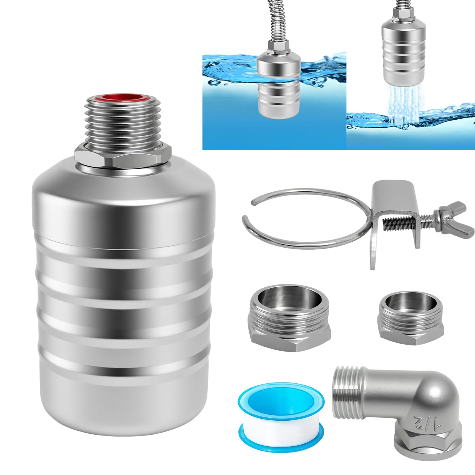 Golgner Robinet flotteur pour réservoir d'eau de piscine, vanne de contrôle automatique du niveau d'eau, en acier inoxydable 304 avec raccord 1/2" - 3/4", pour réservoirs d'eau, bassins à poissons