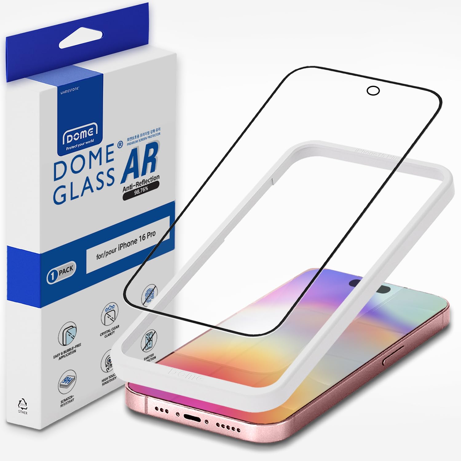 DOME GLASSWhitestone DOME AR [Super Anti-Reflection] Tempered Glass Screen Protector for iPhone 16 Pro with Easy Installation Tool [1Pack]