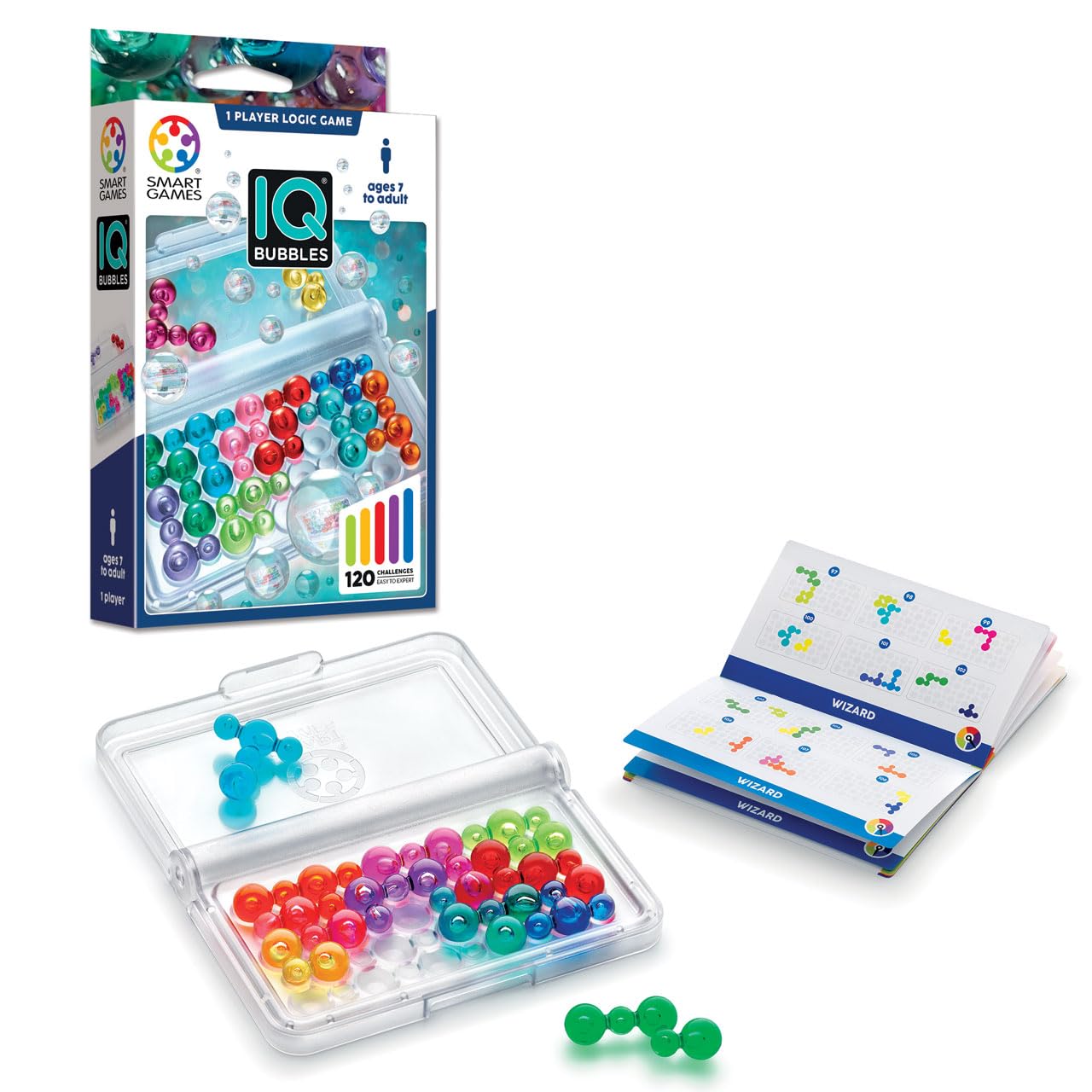 SmartGames : IQ Bubbles - Logikspiel mit transparenten Teilen - Ab 7 Jahren | Rätselspiel im Taschenformat - Spielbox mit Deckel und Blasenformen - Fördert Konzentration - 120 Aufgaben in mehreren Stufen